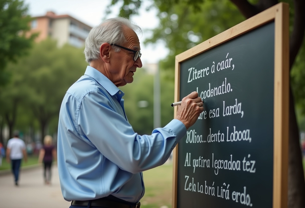 Homme âgé écrivant en espagnol sur un tableau noir dans un parc