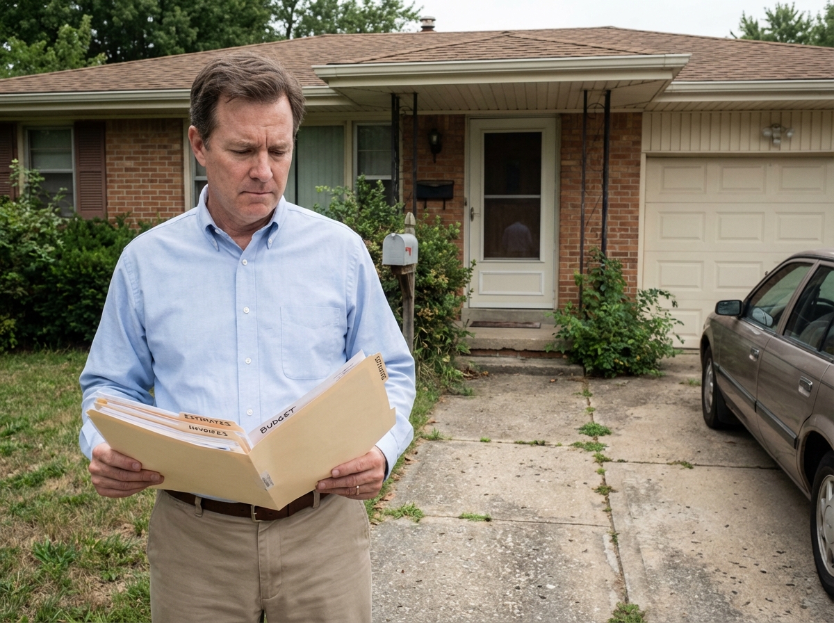 Homme regarde des devis de construction devant une maison