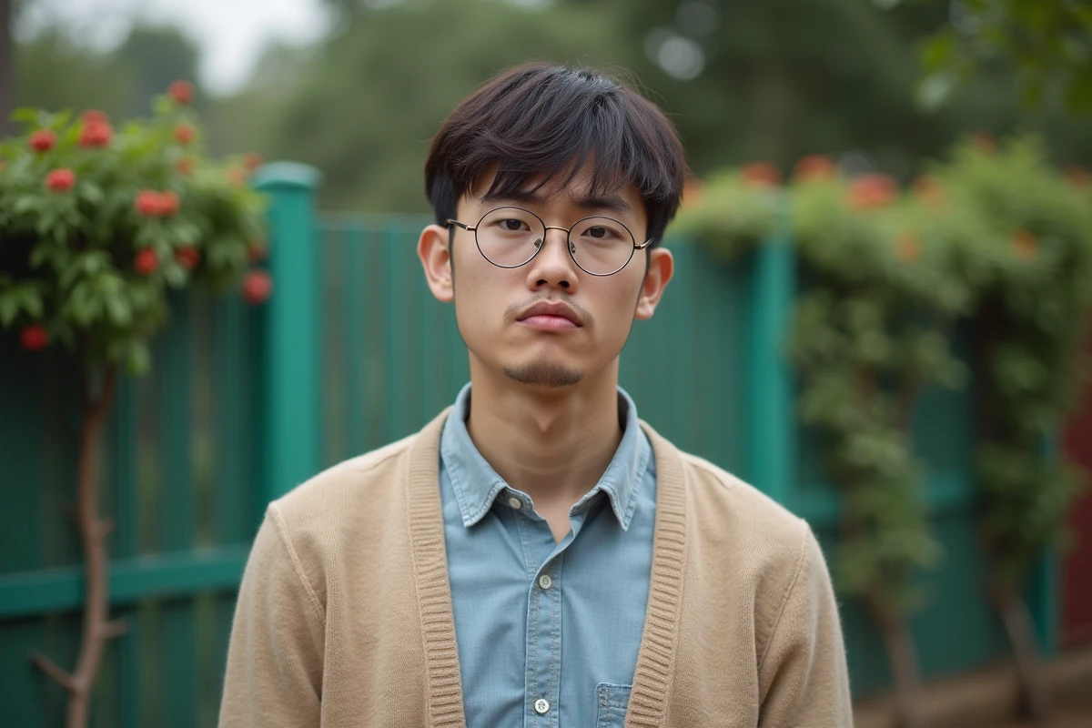 Jeune homme portant des lunettes rondes et un cardigan beige avec une expression inquiète devant une clôture de zoo verdoyante