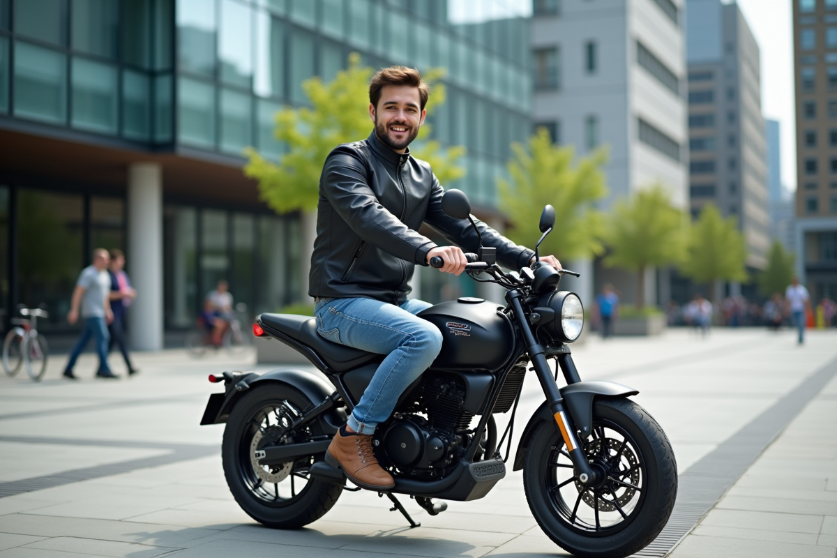 Homme en moto urbaine sur fond de ville moderne