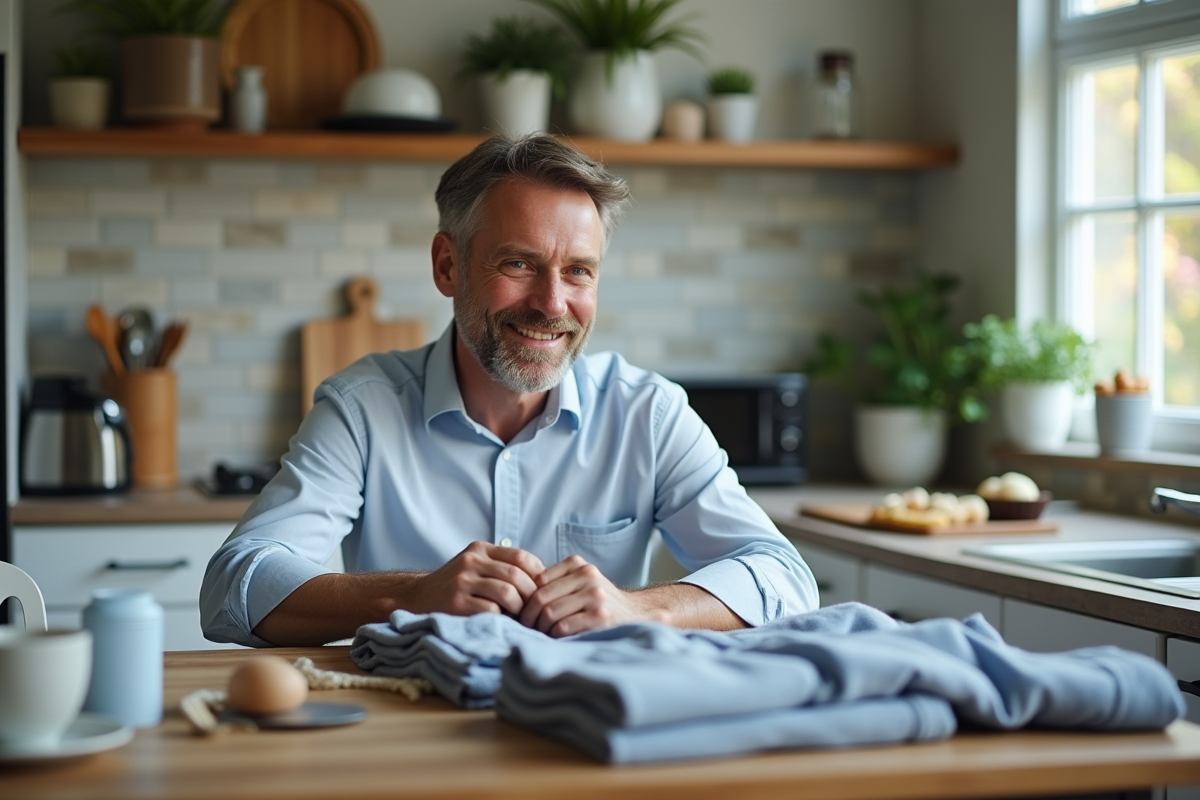 Homme arrangeant des vêtements pliés dans la cuisine