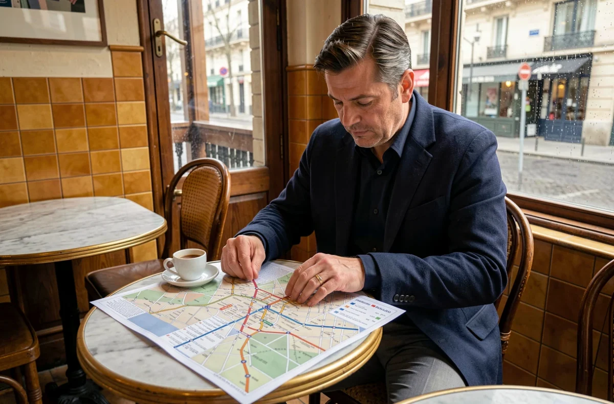 Homme étudiant un plan imprimable du RER dans un café parisien
