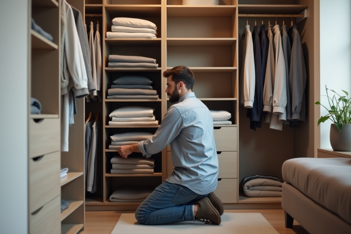 Jeune homme organisant des vêtements dans un dressing moderne