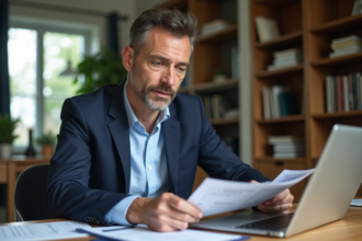 Homme d'âge moyen en bureau moderne recherchant des annonces immobilières