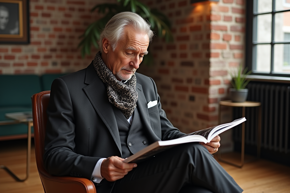 Homme élégant lisant magazine dans un salon moderne
