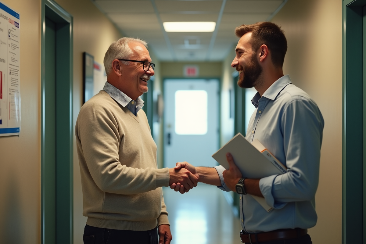 Homme plus age serrant la main d’un jeune locataire dans un couloir