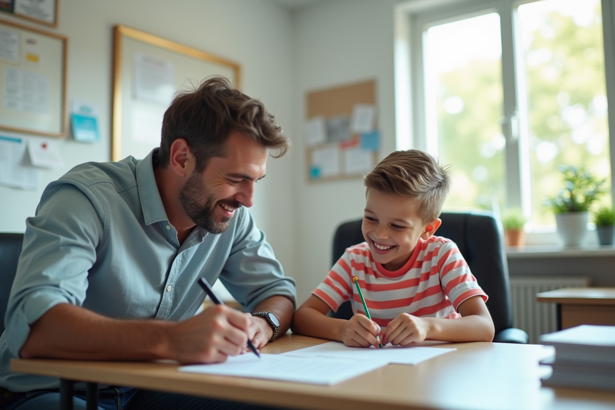 Homme et garçon signent un document dans un bureau familial