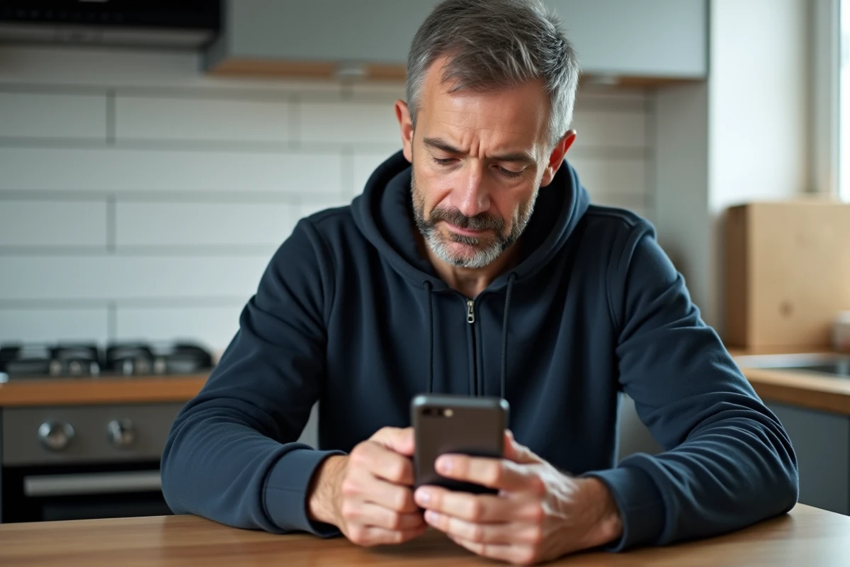 Homme utilisant son smartphone pour reprogrammer une livraison de colis sur le site La Poste depuis sa cuisine