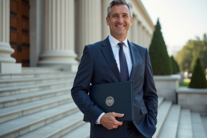 Homme en costume bleu dans un bâtiment officiel