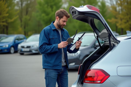 Homme compare deux balais wiper universels devant sa voiture
