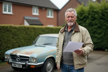 Homme d'âge moyen avec voiture vintage et papiers