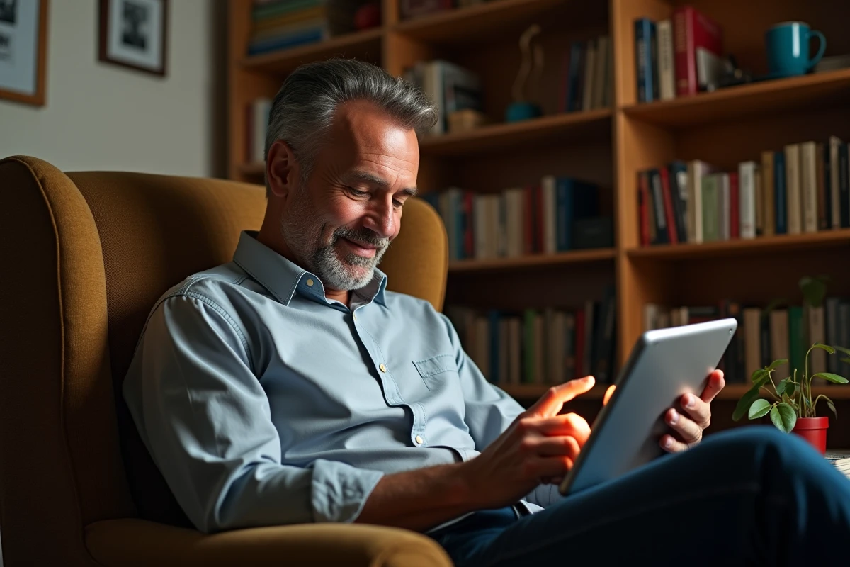 Homme en fauteuil utilisant une tablette pour un exercice vocabulaire