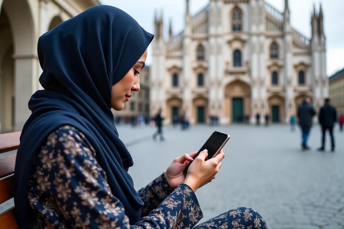 Femme musulmane consultant les horaires de prière sur son téléphone devant la cathédrale de Reims