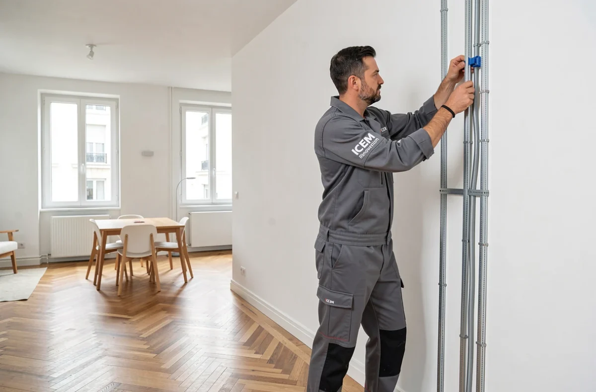 Spécialiste ICEM Rénovation posant des goulottes de câbles dans un appartement parisien fraîchement rénové