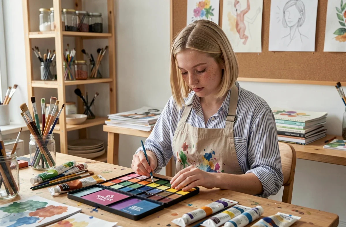 Adolescente de 16 ans découvrant un cadeau créatif aquarelle dans un atelier artistique