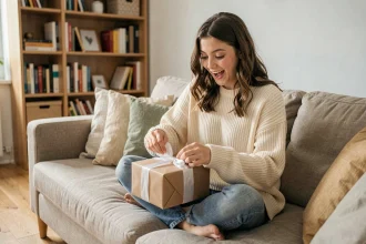 Adolescente de 16 ans qui déballe un cadeau surprise dans un salon cosy, idée cadeau anniversaire ado