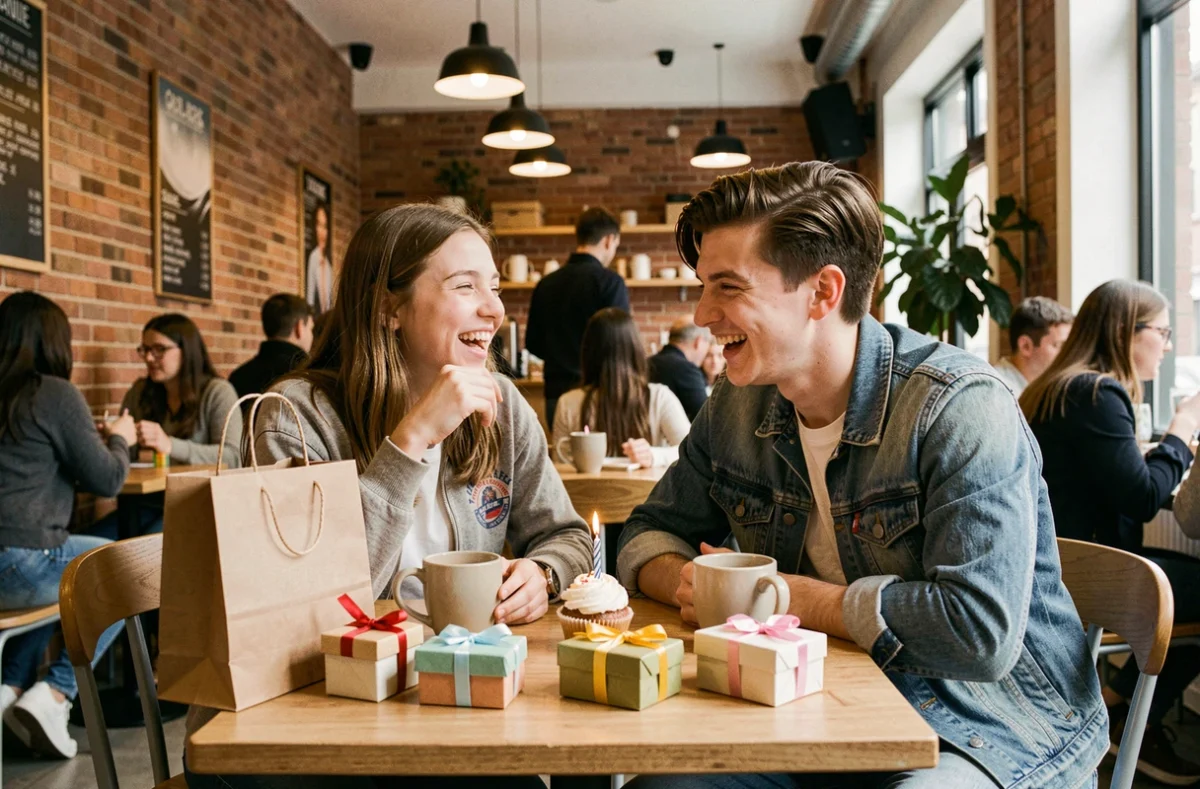 Deux adolescents fêtant un anniversaire de 16 ans dans un café avec des cadeaux et un cupcake