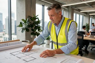 Ingénieur en énergie analysant des plans de projets innovants dans un bureau moderne et collaboratif