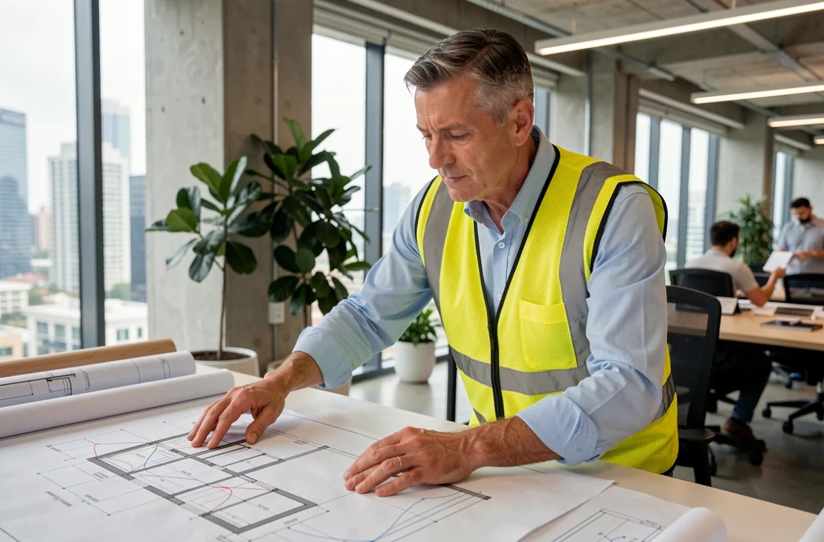 Ingénieur en énergie analysant des plans de projets innovants dans un bureau moderne et collaboratif