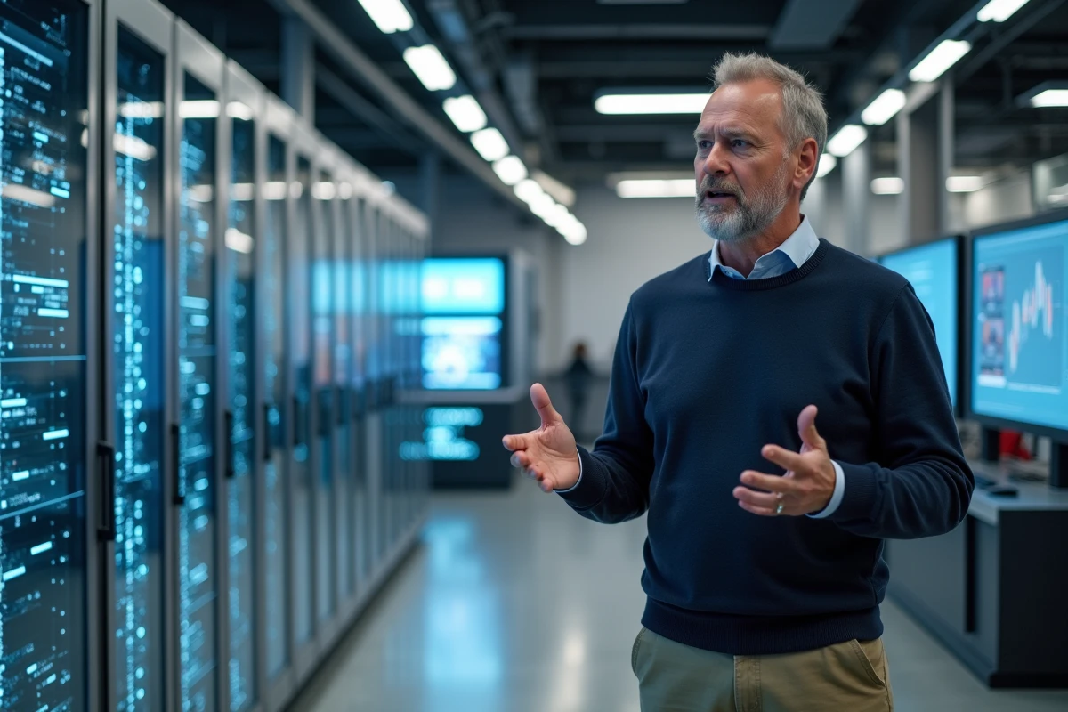 Ingenieur homme discutant près d’un ordinateur quantique futuriste