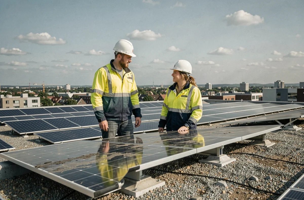 Deux professionnels inspectant une installation de panneaux solaires sur le toit d'un bâtiment commercial urbain