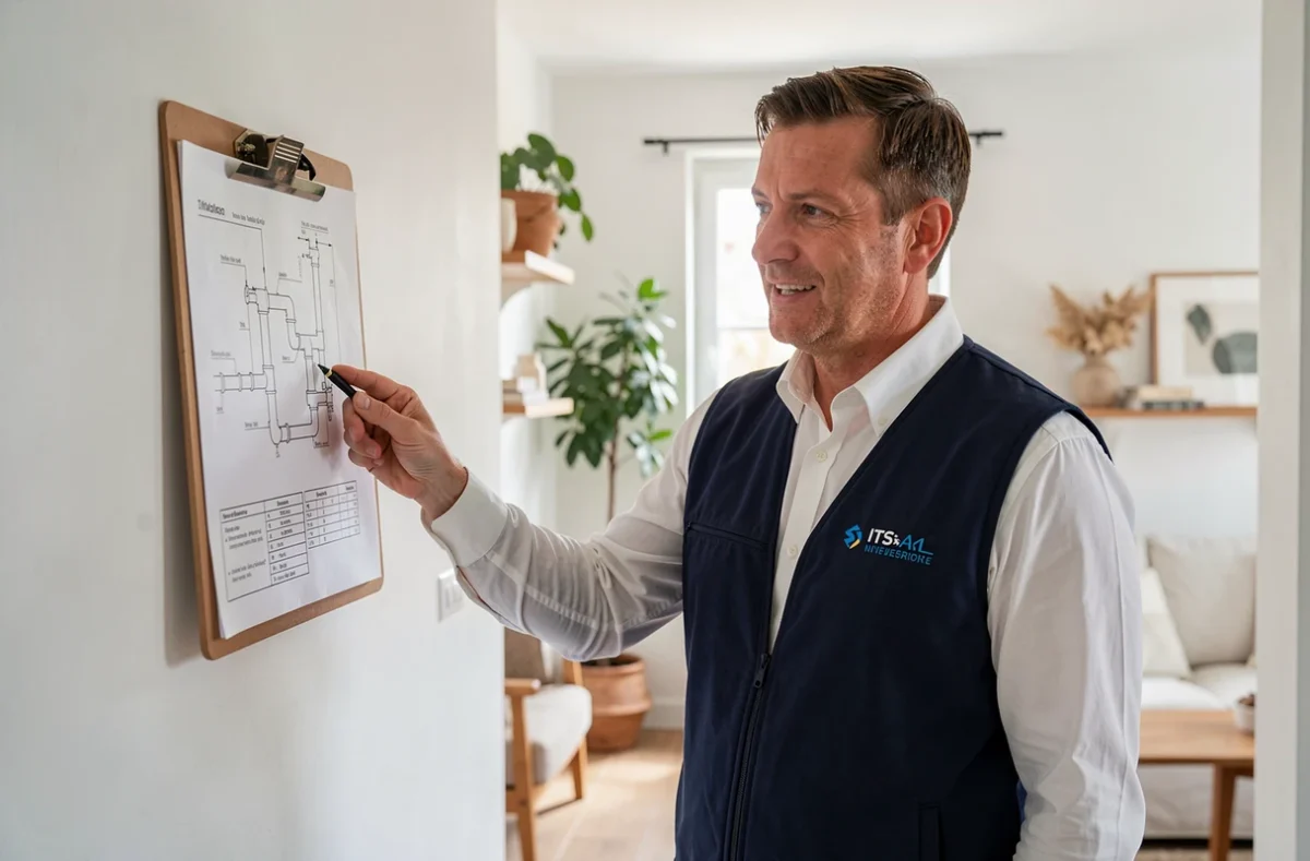 Technicien ITS expliquant un diagnostic de plomberie à un client dans une maison du Vaucluse