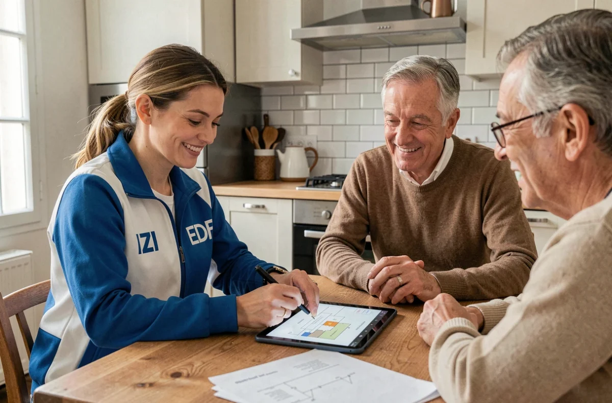 Conseillère IZI by EDF présentant un plan de rénovation énergétique à un couple dans une cuisine parisienne