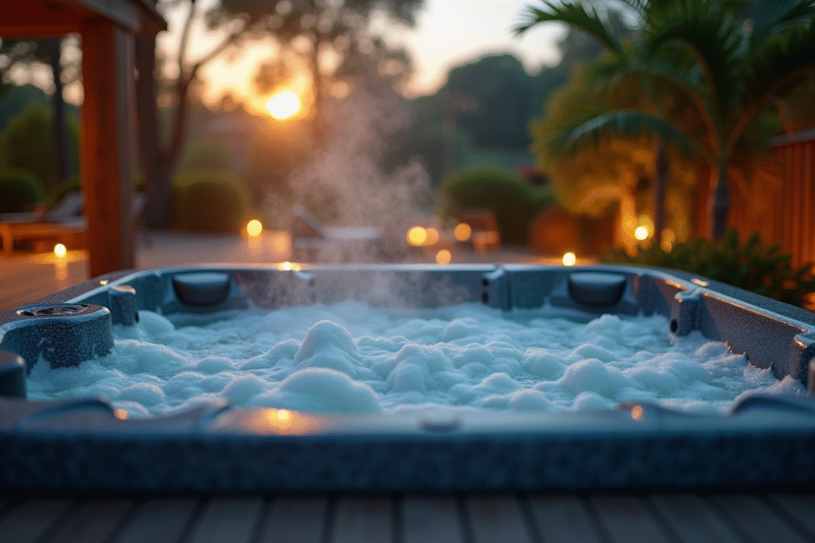 Jacuzzi extérieur en soirée avec lumières douces et nature