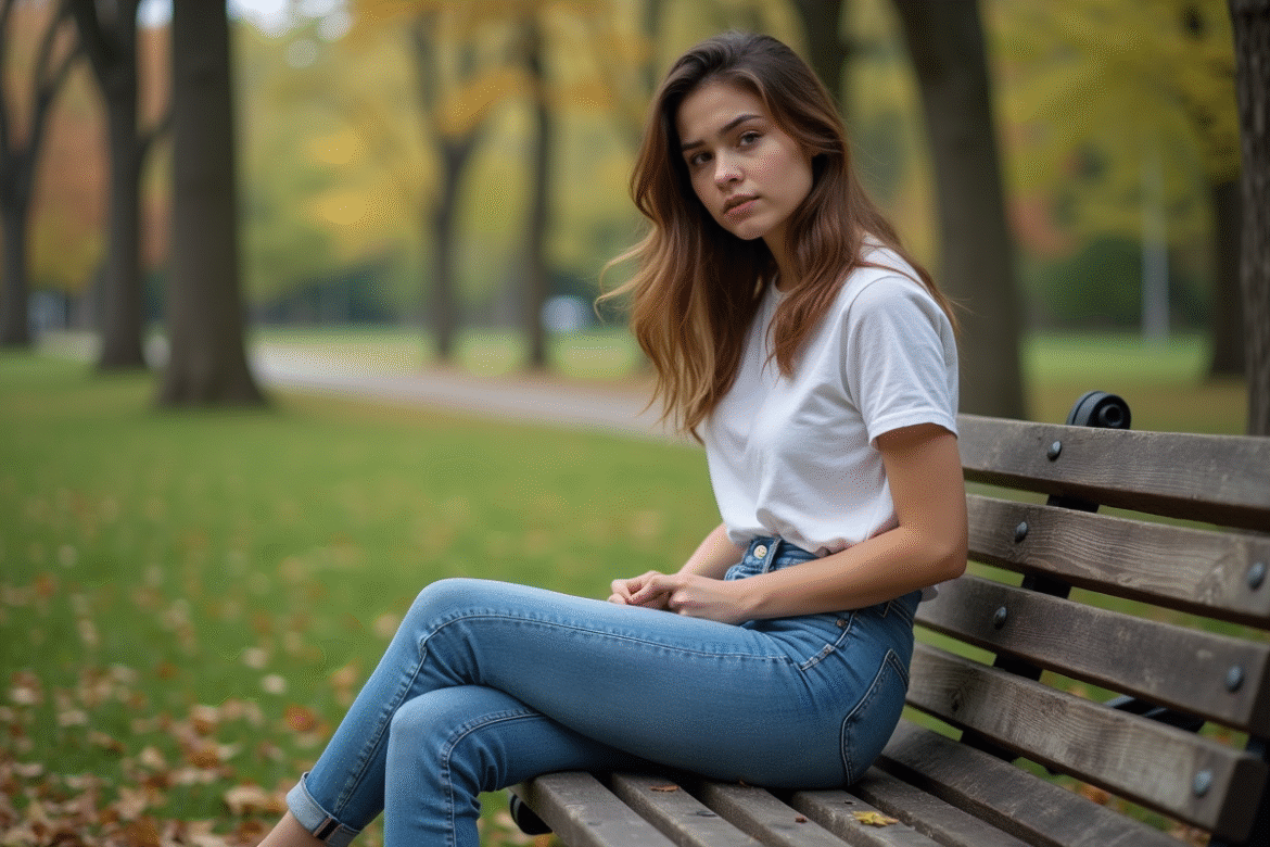 Jeune femme en jeans dans un parc en automne