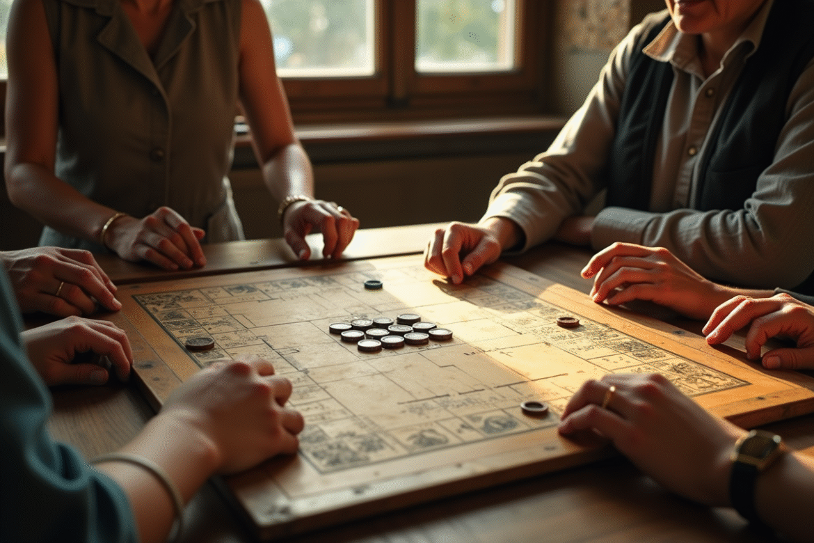 Jeu de Nain Jaune ancien sur une table en bois