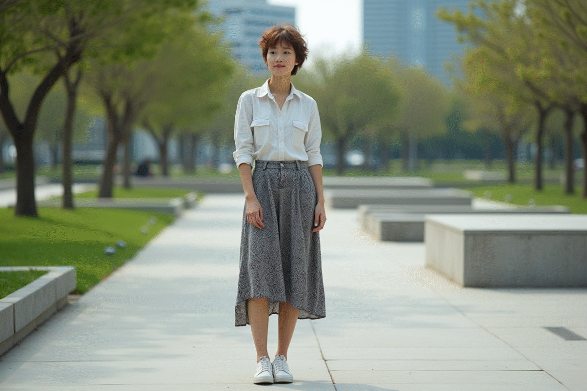 Jeune adulte nonbinaire dans un parc urbain moderne