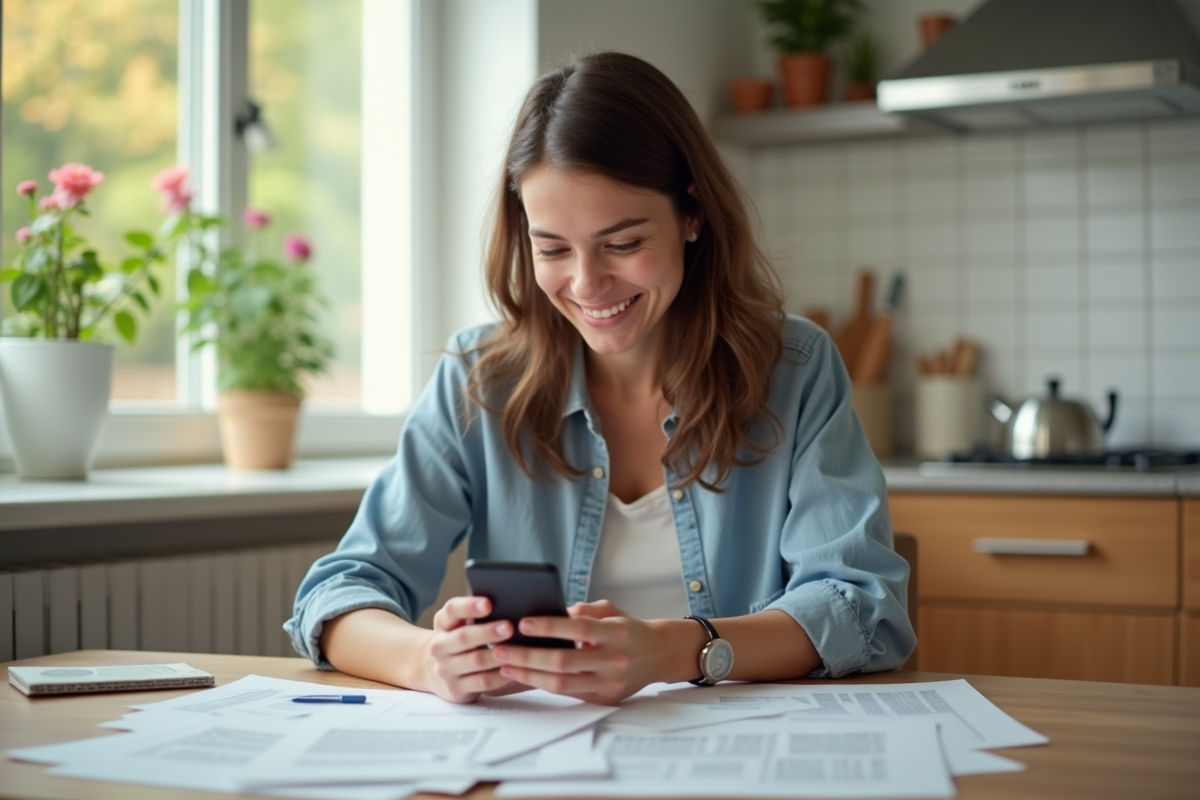 Jeune adulte vérifiant une notification sur son smartphone à la cuisine