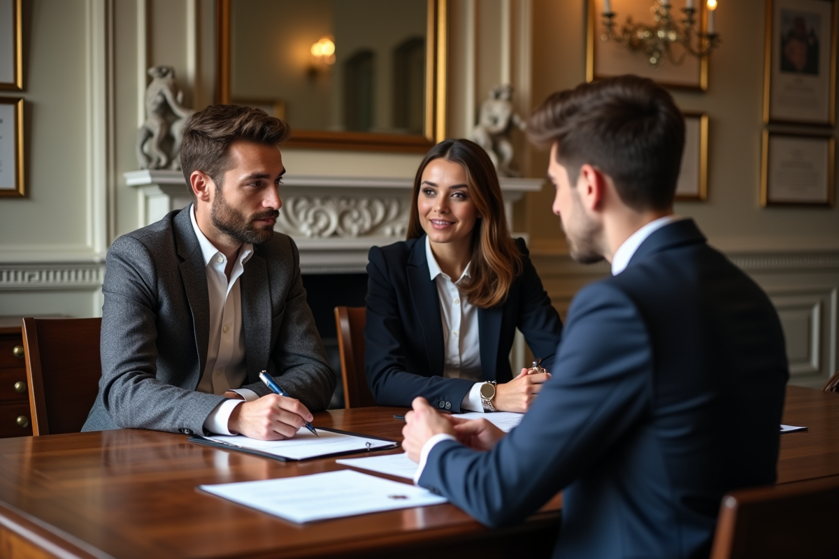 Jeune couple écoutant un notaire dans un bureau traditionnel