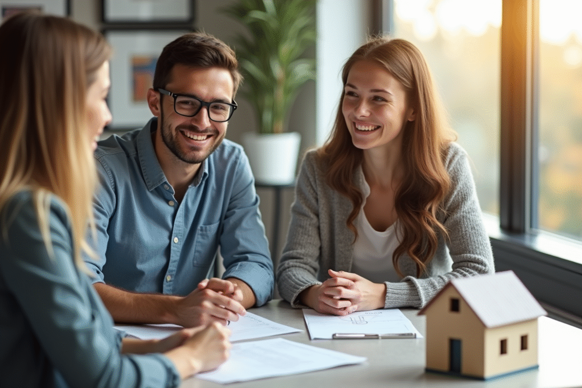 Jeune couple souriant avec agent immobilier et clés