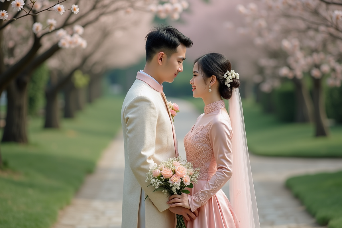 Jeune couple marié dans un jardin fleuri souriant