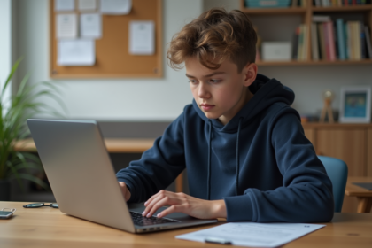 Jeune adolescent en hoodie assis à son bureau étudiant
