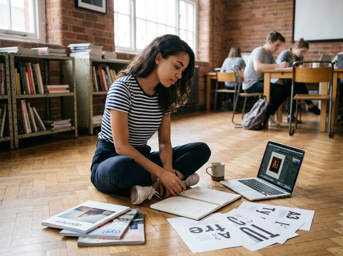 Jeune étudiante en année prépa design révisant ses notes entourée de magazines et de projets