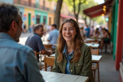Jeune femme souriante dans un café en ville avec street art