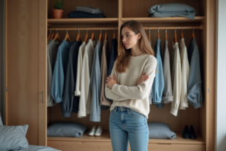 Jeune femme choisissant des vêtements dans une armoire moderne