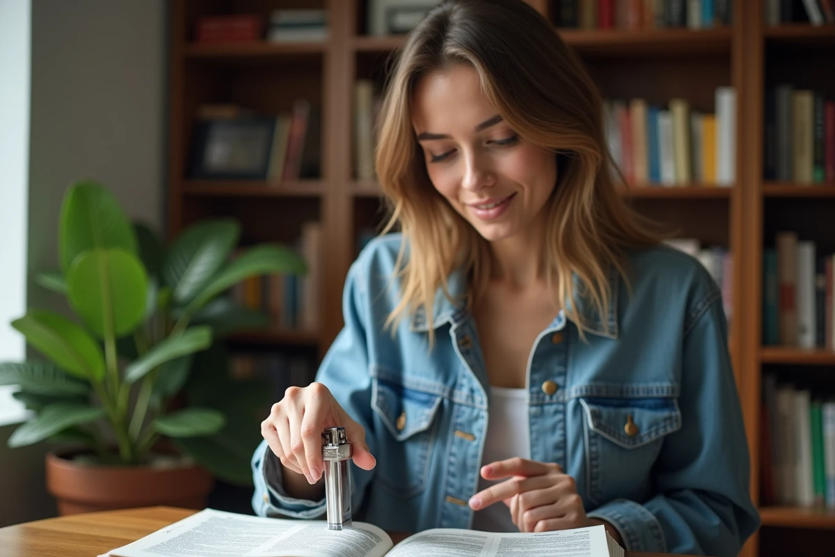 Jeune femme pointant un dictionnaire avec briquet en main