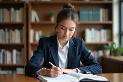 Jeune femme en étude de droit dans une bibliothèque moderne