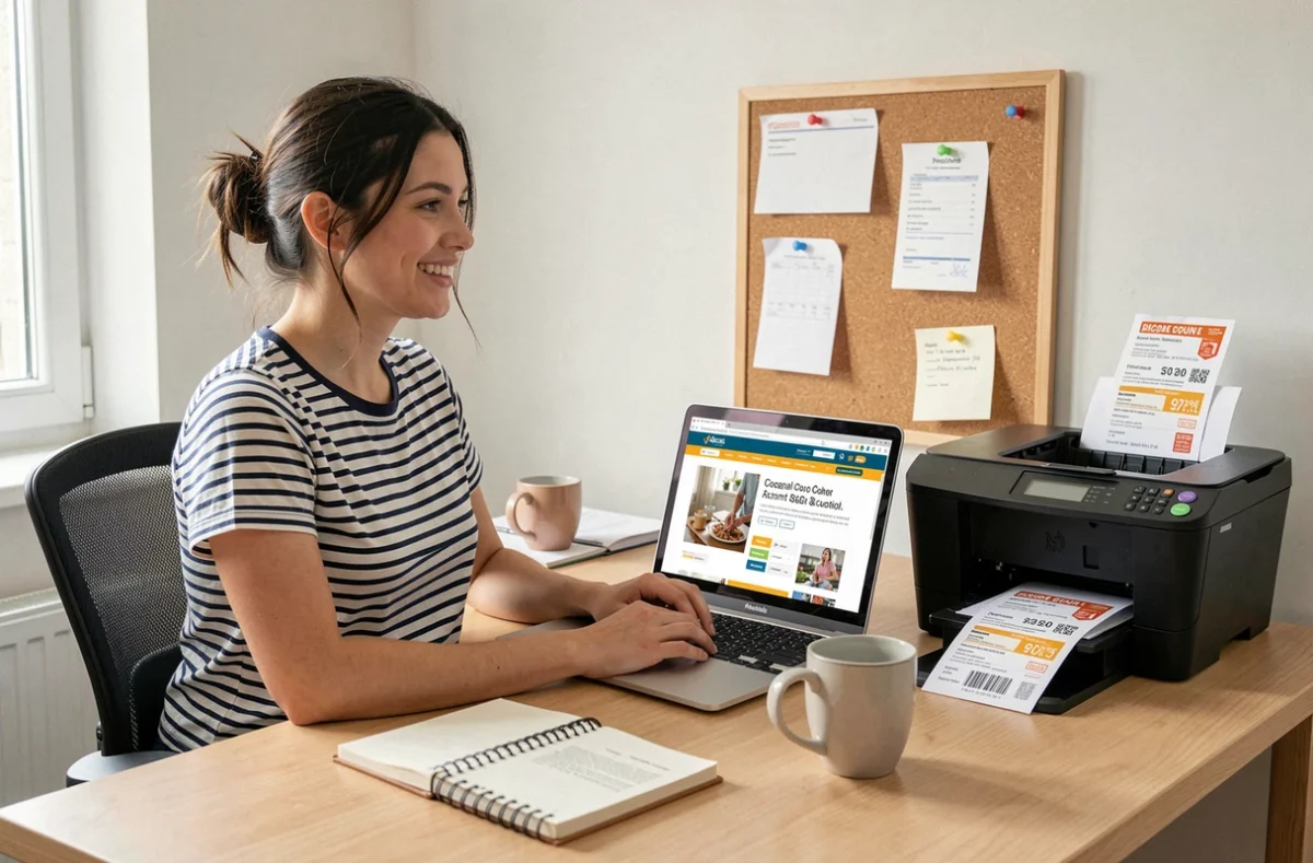 Jeune femme imprimant des bons de réduction depuis un site internet sur son bureau à domicile pour économiser sur ses dépenses quotidiennes