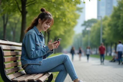 Jeune femme en jean lisant manga dans un parc urbain