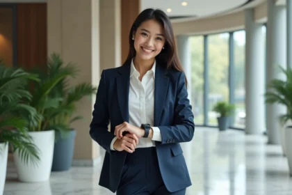 Jeune femme en costume ajusté dans un bureau moderne