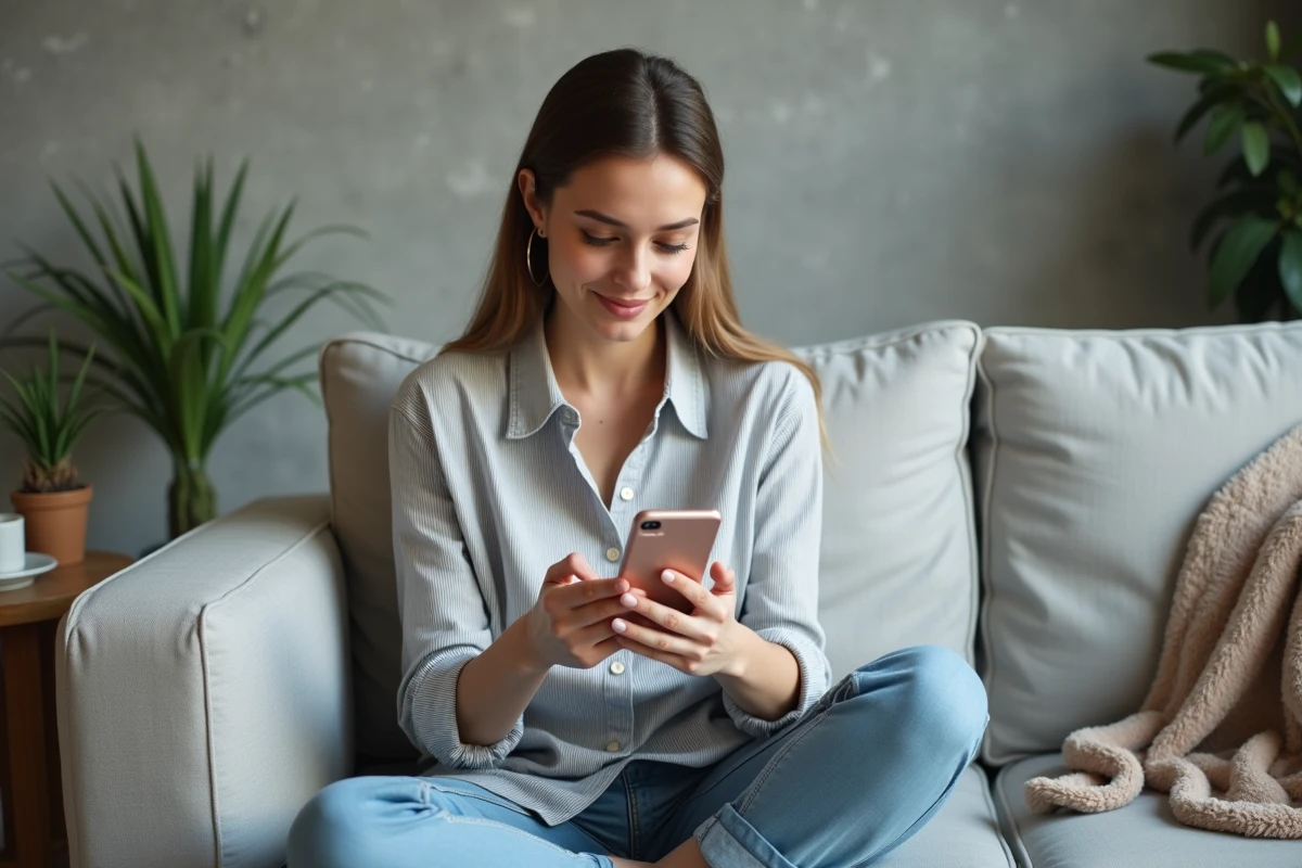 Jeune femme saisissant l'indicatif 30 dans un nouveau contact téléphonique depuis son canapé