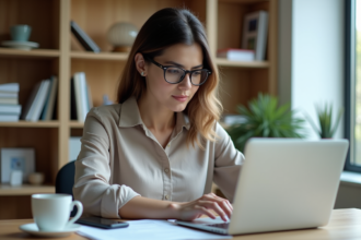 Jeune femme en bureau traduisant sur un ordinateur portable