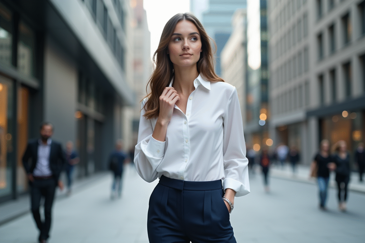 Jeune femme en pantalon navy et blouse blanche dans la ville
