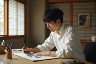 Jeune homme japonais esquissant le kanji avec pinceau