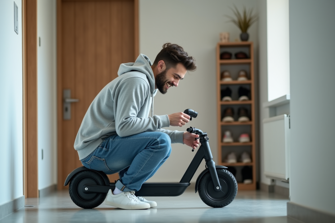 Jeune homme connectant la batterie de son scooter électrique dans un couloir moderne