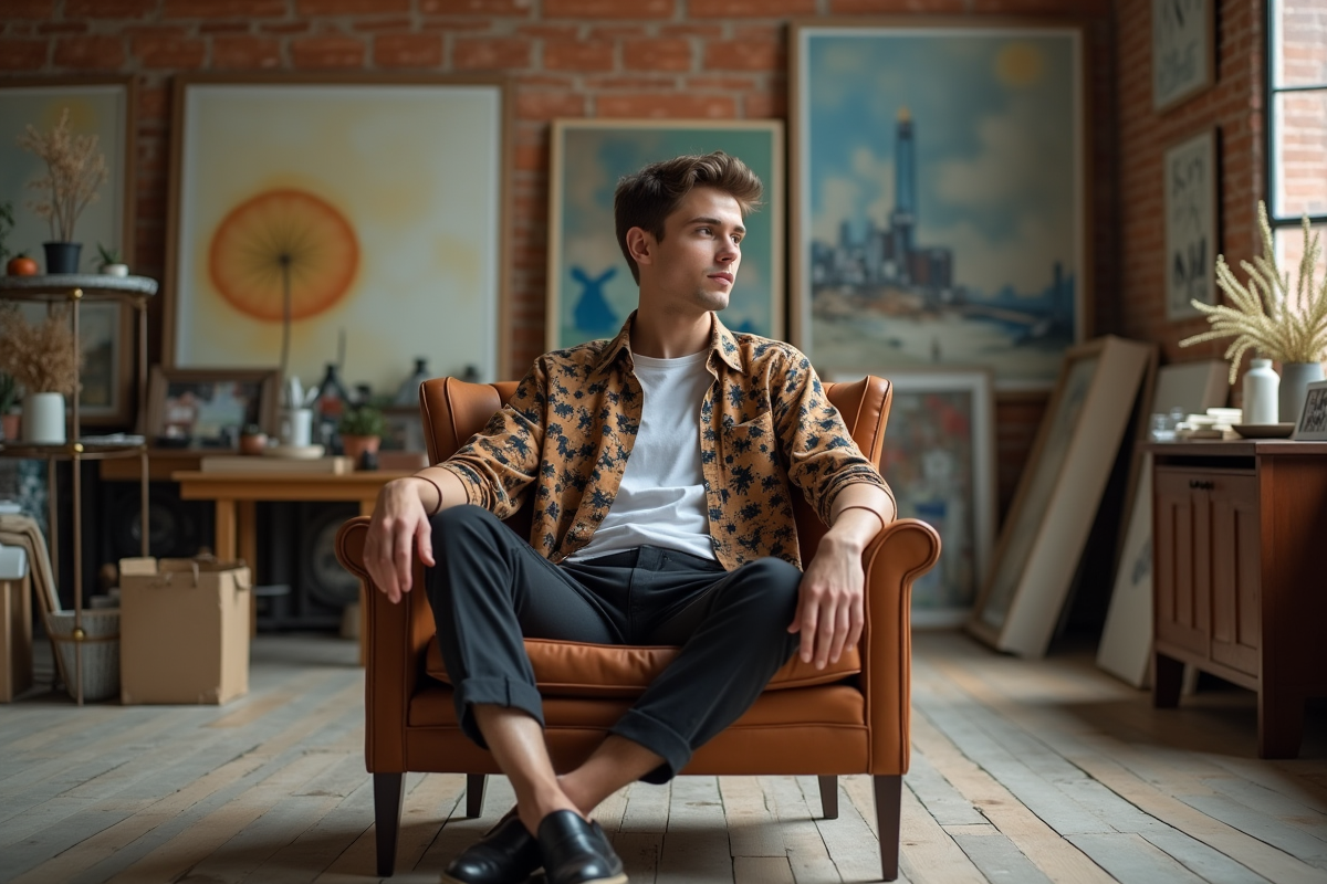 Jeune homme pose dans un loft artistique